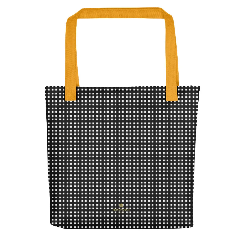 White Black Buffalo Plaid Print Designer 15"x15" Tote Market Shopping Bag-Made in USA/EU