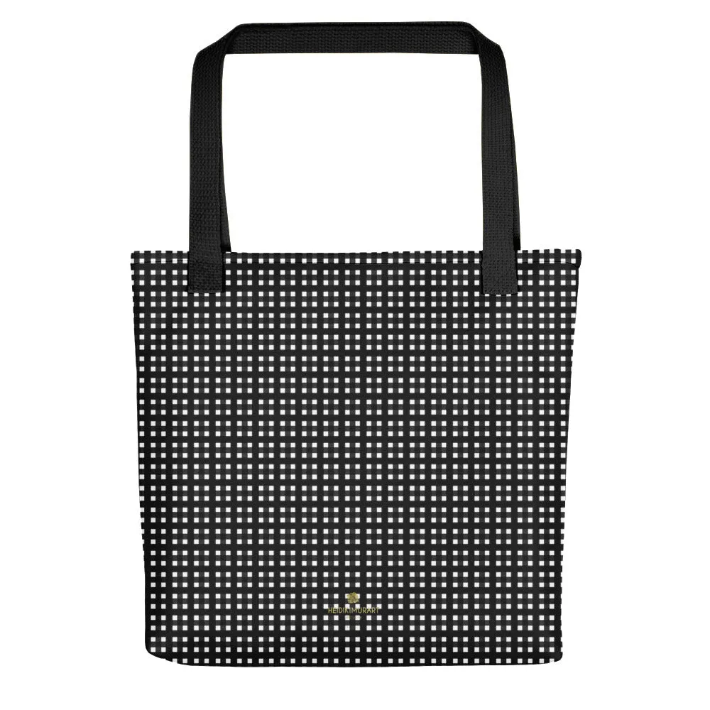 White Black Buffalo Plaid Print Designer 15"x15" Tote Market Shopping Bag-Made in USA/EU