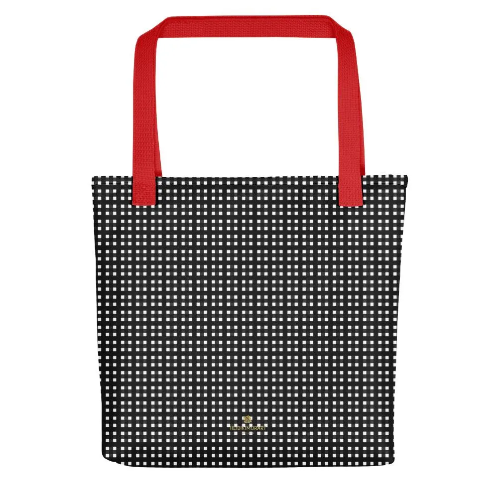 White Black Buffalo Plaid Print Designer 15"x15" Tote Market Shopping Bag-Made in USA/EU