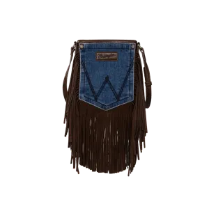 Wrangler Women's Leather Fringe Denim Coffee Brown Crossbody Bag