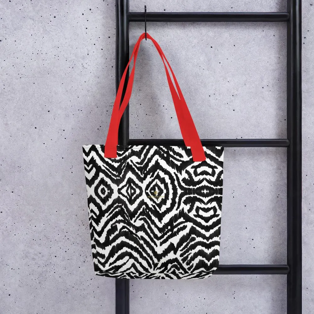 Zebra Print Tote Bag, Designer Black White Zebra Animal Print 15" x 15" Tote Market Bag- Made in USA/EU