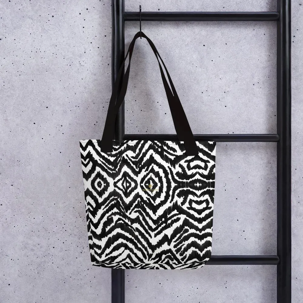 Zebra Print Tote Bag, Designer Black White Zebra Animal Print 15" x 15" Tote Market Bag- Made in USA/EU